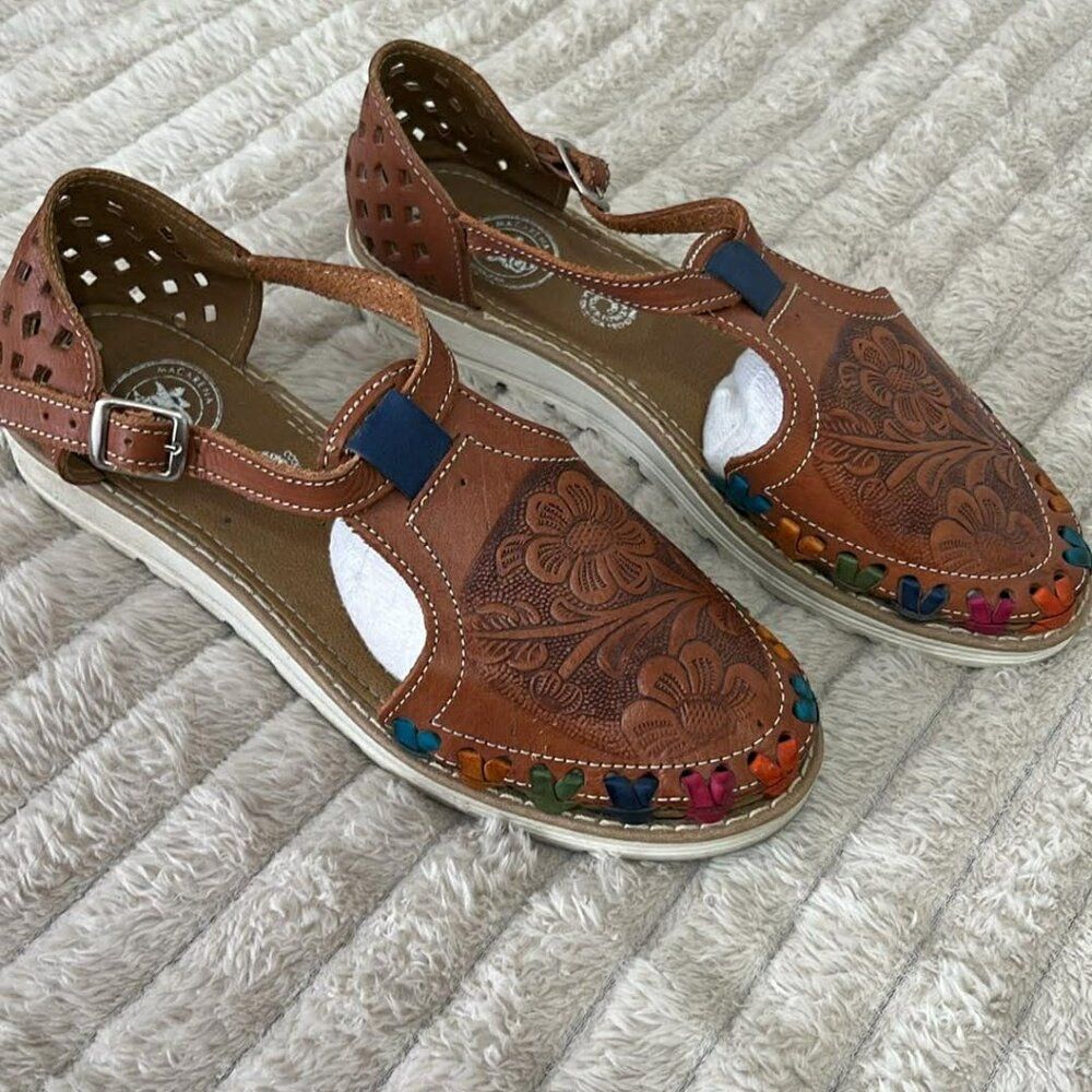 ETSY Handmade Colorful Floral Tooled Sandals With Rubber Sole, 8.5 Wide Toe Box